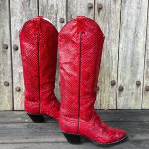 Vintage Larry Mahan Scarlett Red Full Python Leather Tall Women’s Cowboy Boots